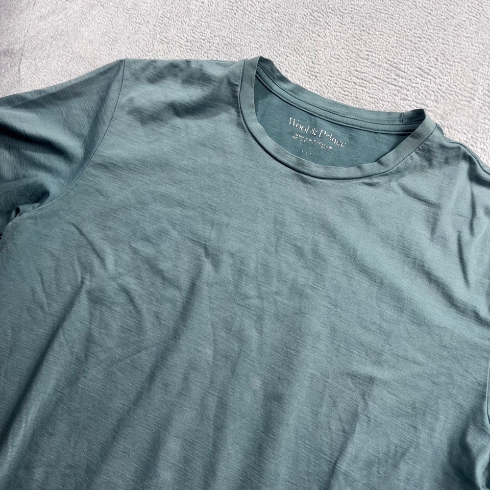 Wool & Prince Mens Merino Wool Blend Short Sleeve Crew Neck T-Shirt Blue Green L